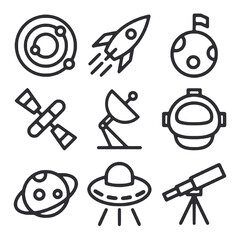 A set of space-related icons, including a rocket, a satellite, a space shuttle