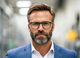 Fototapeta premium Confident man in glasses and a blazer, showcasing a professional appearance in a modern setting.