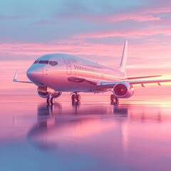 Obraz premium Aviation Dreamscape: Aircraft Reflections in Pastel Skies at Ground Level View