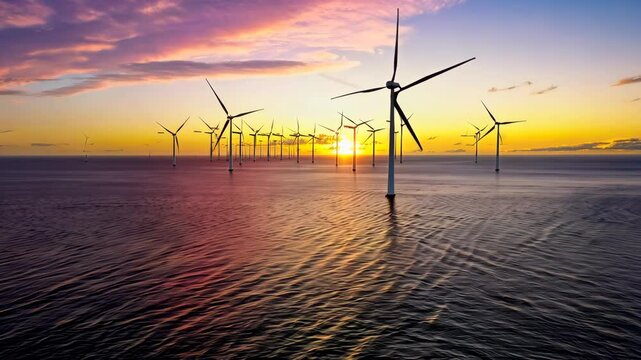 Wind turbines stand in calm offshore waters under golden sky, wind turbines harness ocean breeze for sustainable energy, symbolizing clean power solutions and scenic maritime progress.