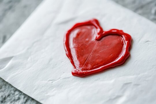 Red wax heart seal on white paper - romantic symbol of love and secrecy