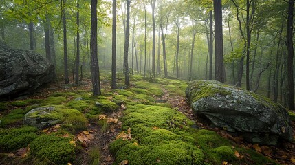 Obraz premium Misty forest path through mossy rocks