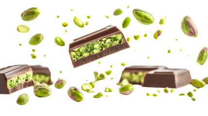 Dubai Chocolate Bars Levitation with Vibrant Green, Creative Food Photography Concept