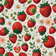 Seamless vector pattern with sweet, ripe red strawberries and green leaves, a delicious summer fruit illustration