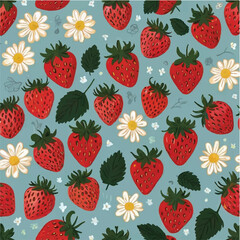 Sweet red strawberry seamless pattern vector illustration with floral leaf design