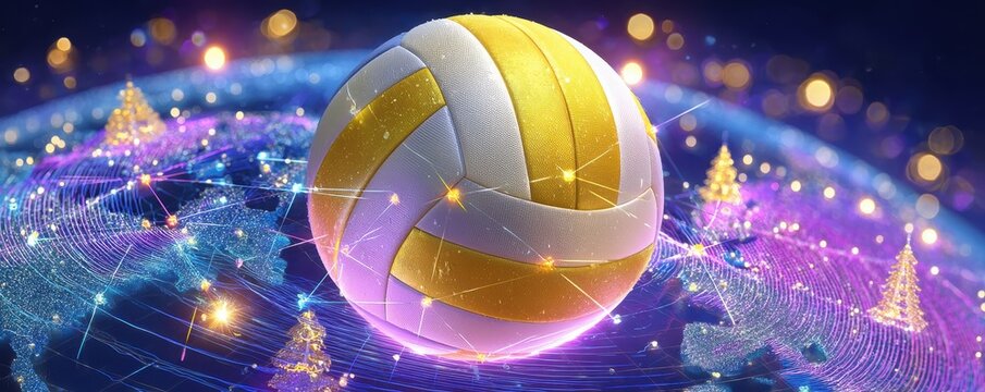 A vibrant image of a volleyball floating above a digital globe, surrounded by sparkles and Christmas trees, symbolizing sports and global connection. - Powered by Adobe