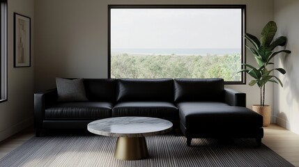 Modern Black Leather Sofa with Scenic View and Minimalist Decor
