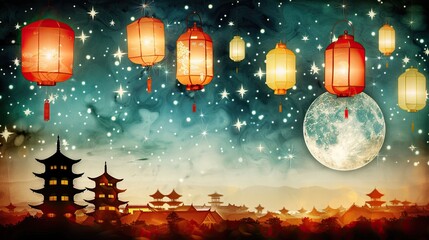 The Earth floats in the starry sky, surrounded by floating lanterns and ancient buildings