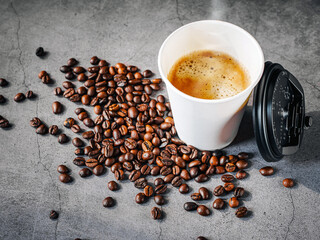 Coffee espresso wite smoke in paper Coffee cup and bean , Fragrant Espresso in  Takeaway paper coffee cup