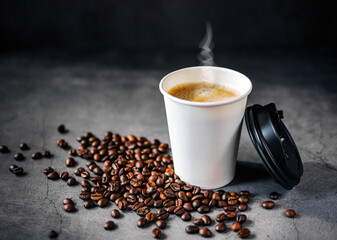 Coffee espresso wite smoke in paper Coffee cup and bean , Fragrant Espresso in  Takeaway paper coffee cup