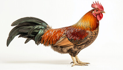 Fototapeta premium A colorful red and white rooster, a domestic fowl, struts proudly across the farm