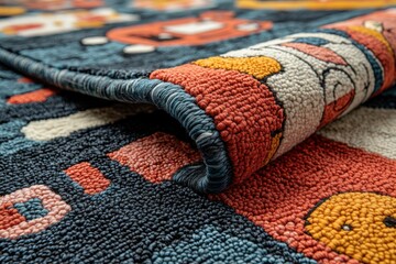Vibrant tufted rugs displayed in a brightly lit room with a modern interior setting. Rich colors and intricate patterns are featured prominently.