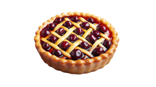 Cherry pie with lattice crust topped with fresh glossy cherries