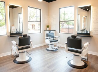 Modern Barbershop Interior with Stylish Chairs and Bright Lighting