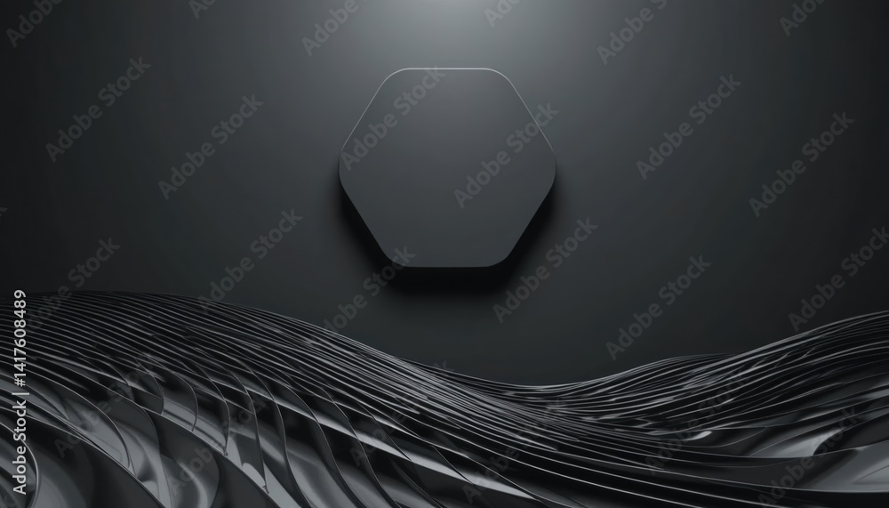 Poster dynamic hexagonal shape emerges from fluid waves abstract art dark environment studio view modern de