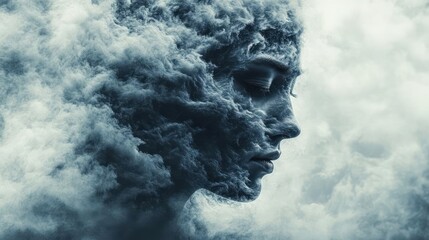 A woman's profile, shrouded in dark, swirling clouds