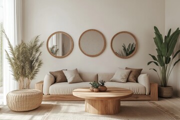 Modern minimalist living room with wooden furniture, mirrors, and plants