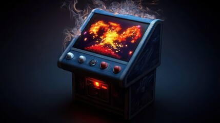 Retro arcade cabinet, fire graphic, smoke, dark background, digital art