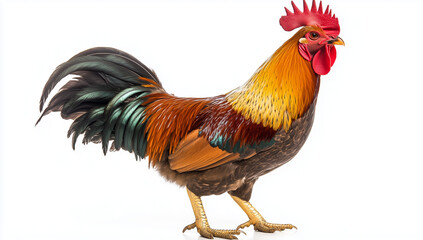 Fototapeta premium Isolated white rooster, a colorful farm bird, stands against a white backdrop showcasing its vibrant feathers and comb