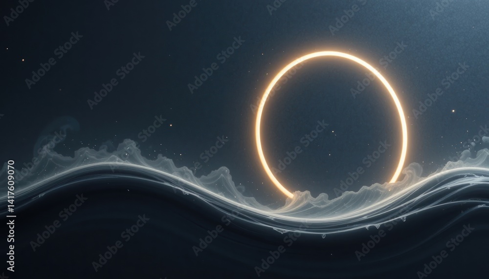 Poster Surreal ocean wave with ethereal golden ring digital art creation calm environment abstract viewpoint conceptual imagery for visual impact