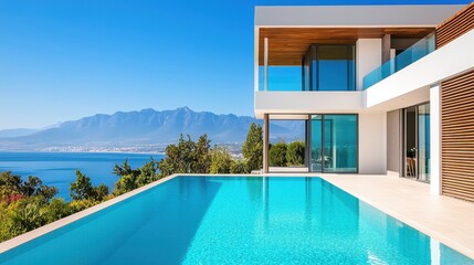 Modern villa with infinity pool and mountain view in sunny landscape