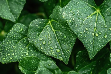Close-up of fresh green ivy leaves with dew drops