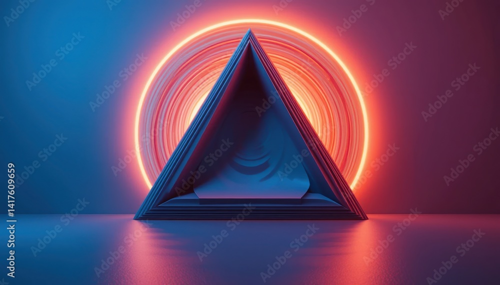 Poster dynamic geometric triangle with neon halo abstract art installation modern gallery digital environme