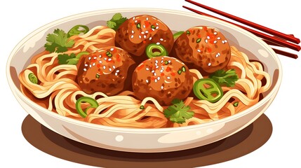 Delicious Asian noodle dish with savory meatballs and colorful vegetables on a plate