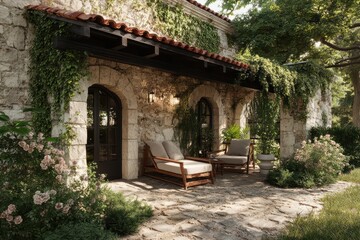 Cozy countryside outdoor scene with stone wall and wooden chairs featuring lush greenery and black window frames