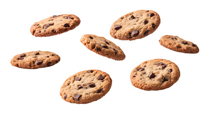 Delicious Chocolate Chip Cookies Floating and Falling Isolated on White Background