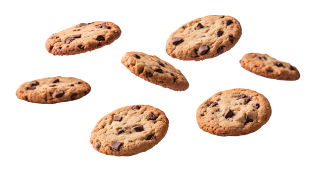 Delicious Chocolate Chip Cookies Floating and Falling Isolated on White Background