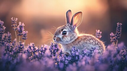 Fototapeta premium Rabbit sitting in lavender field basking in warm sunlight