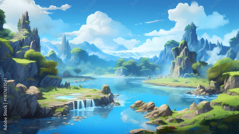 Poster 青い湖と緑豊かな山々の爽やかな風景 夏の晴天の下 自然の美しさを捉えたパノラマビュー