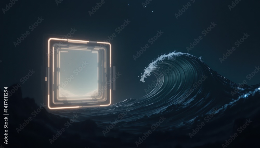 Poster dynamic wave interaction with neon portal ocean 3d animation dark environment cinematic perspective 