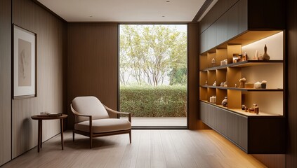 Fototapeta premium Modern, minimalist, sitting room with garden view, display shelves