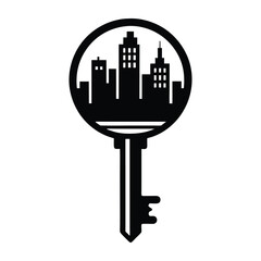 Key with city skyline inside on white background