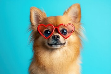 Obraz premium Adorable pomeranian dog wearing red heart-shaped glasses on blue background
