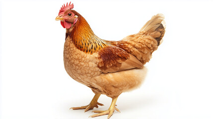 Fototapeta premium Isolated white farm poultry, a domestic fowl with brown feathers, stands against a studio white background