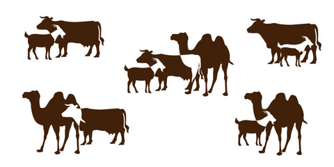 collection of animal silhouettes, goats, cows, and camels for Eid al-Adha. vector illustration