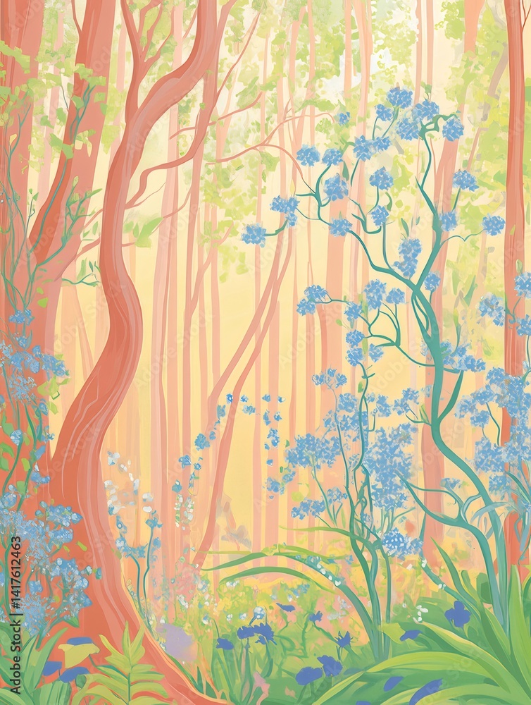 Aufkleber 穏やかな森の風景のデジタルイラスト 薄いオレンジ色の木々と青い花 自然光が差し込む静かな春夏のシーン