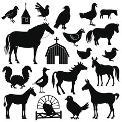 A collection of black silhouette illustrations showcases various farm animals, from horses and cows to poultry and rabbits.