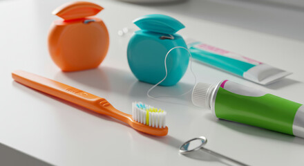 A close-up, brightly illuminated shot of various colorful dental hygiene tools arranged on a clean white countertop.