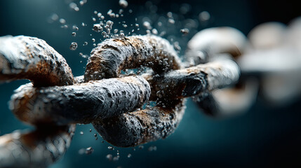 Close-Up of Rusty Chain Links with Water Droplets in Dark Background