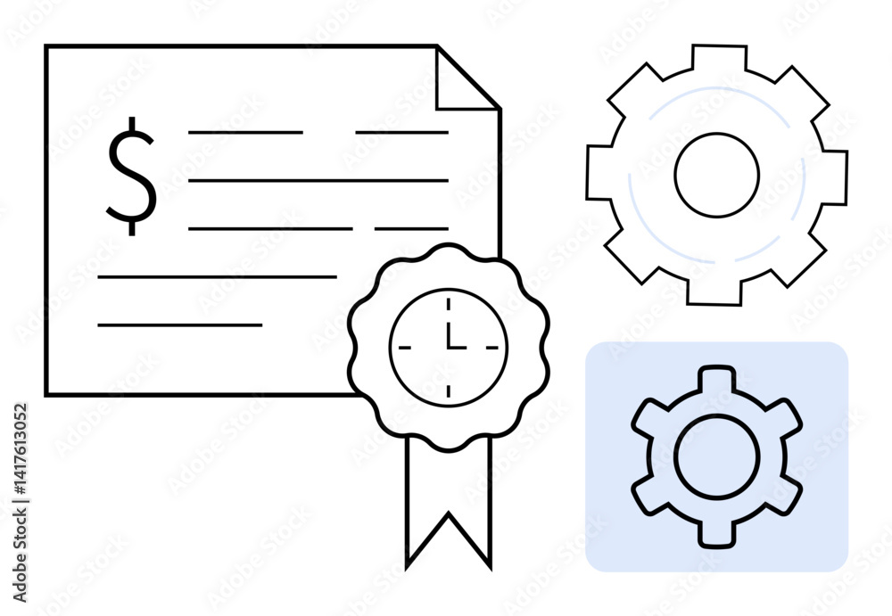 Poster certificate with ribbon-shaped badge alongside two gears symbolizing accomplishment and system proce