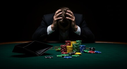 A dramatic and emotional casino scene showing a man in a black suit sitting at a poker table, his head buried in his hands in a gesture of despair and frustration.