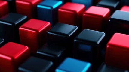 Obraz premium Abstract 3D render of many glossy red, black, and blue cubes