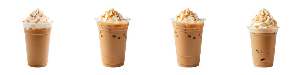 Delicious iced coffee drinks topped with whipped cream and caramel drizzle, perfect for refreshing treat on warm day