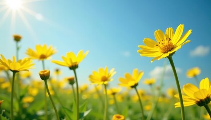 Fluffy yellow round tansy flowers sway in the warm breeze on a bright sunny day , flowers, round