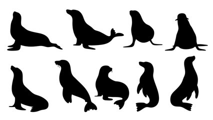 set of sealion silhouette vector on white background