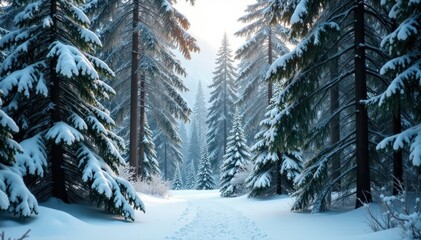 Naklejka premium forest of evergreen trees with snow-covered branches, serene scene, frosty atmosphere